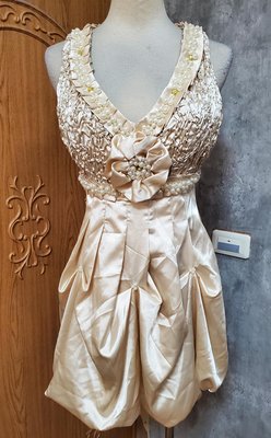 義大利 金色綴珠珠抓皺褶造型洋裝/小禮服