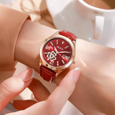 熱銷 kezzi石英手錶腕錶女士錶防水紅色簡約氣質日歷學生錶皮帶款夜光321 WG047