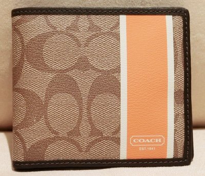 大降價！全新美國名牌 COACH MEN 高質感橘色條紋的男用皮夾，低價起標無底價！(賣場有同款名片夾)本商品免運費！