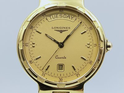 【發條盒子H2780】 LONGINES 浪琴 石英鍍金 星期日期顯示 中性腕錶