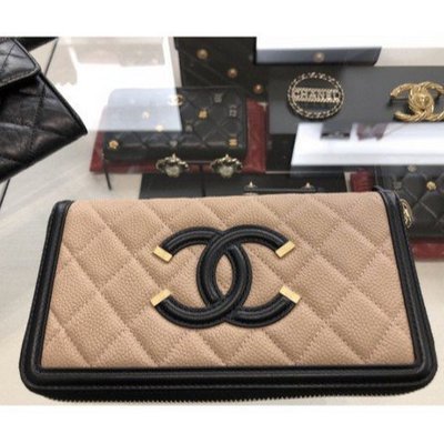 Chanel VANITY 膚黑色 牛皮荔枝紋 大CC ㄇ字形 拉鍊 8卡 長夾 A84449現貨