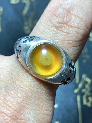 極品黃金天眼戒指，玉化完美冰透底，925克羅心銀托純手工鑲嵌7052