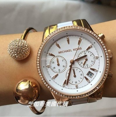 【芝加哥美國代購 】MICHAEL KORS 白色三眼計時晶鑽玫瑰金不銹鋼手錶 MK6324 (含運4680)