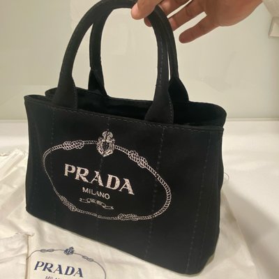 PRADA Canvas 經典徽標印花單寧帆布手提/斜背托特包(灰黑色)