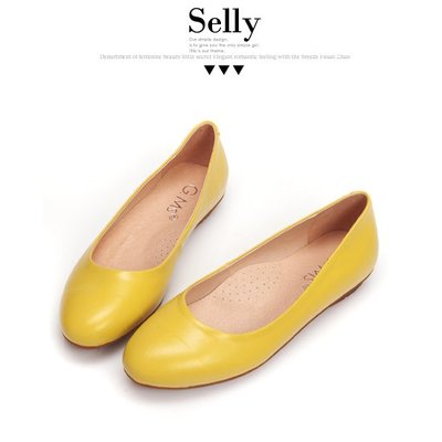 Selly outlet (M069)百搭極品真皮素面尖頭平底娃娃鞋‧黃色34號