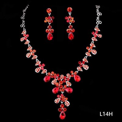 【項鍊+夾式耳環】套組 紅色款 大顆水鑽 組合 新娘 婚紗 攝影 晚宴 走秀 造型 首飾 飾品 配件 - L14H