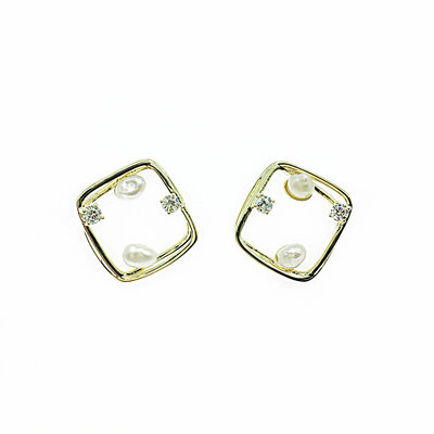韓國 925純銀 水鑽 珍珠 方形 簍空 氣質 耳針式耳環
