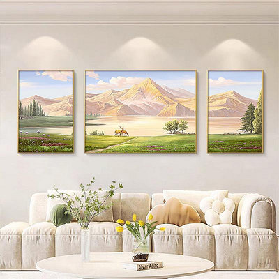 山水風景客廳裝飾畫北歐沙發背景墻掛畫大芬油畫村高級感三聯壁畫