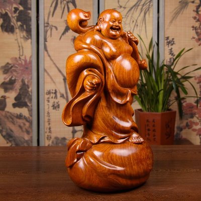 緣來花梨木雕彌勒佛像擺件實木招財大肚笑佛中式家居客廳紅木工藝飾品-促銷