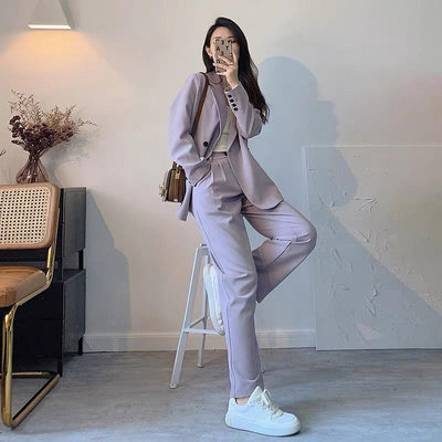 時尚紫色西裝女職業裝  氣質女神范港風套裝  復古韓版紫色西裝工作服 5207