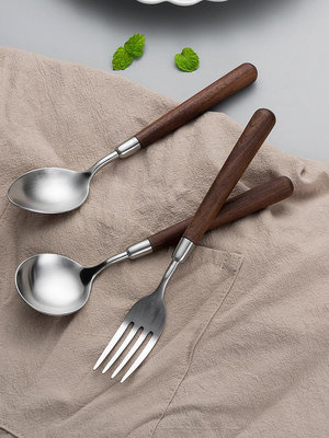 304不銹鋼木柄勺子木把湯勺吃飯勺家用叉子飯勺餐具~菜菜小商鋪