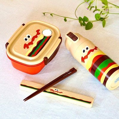 “正品”日本制 超可愛漢堡圖案飯盒帶蓋便當盒保鮮盒兒童筷子餐具保溫袋