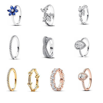 熱銷#Pandora戒指S925藍色雪花戒指愛心滿鉆戒指對戒