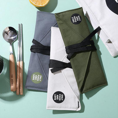 便攜式餐具筷子勺子套裝木質單人裝一人食旅行便當日式布袋三件套