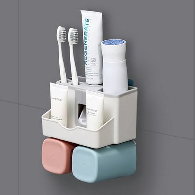 多功能牙刷架 洗漱套裝 無痕貼 自動 擠牙膏器 牙刷架 杯架 收納架 升級-雙杯組 杯套架 【Q132】Color me