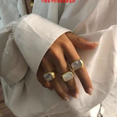歐美個性設計款925銀白母貝黑瑪瑙戒指女ins冷淡風簡約寬版食指戒
