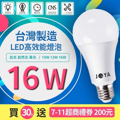 【30入送7-11禮券200元】台灣製造 16W LED燈泡 CNS認證 無藍光 高光效 省電 JOYA