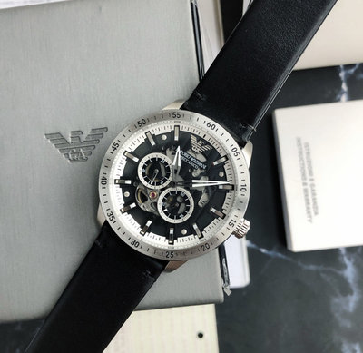 EMPORIO ARMANI 鏤空錶盤 黑色真皮皮革錶帶 男士 自動機械錶 AR60051 亞曼尼腕錶