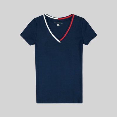 【TOMMY HILFIGER】【零碼M】TOMMY女款短袖T恤V領紅白藍領深藍 F11170621-03