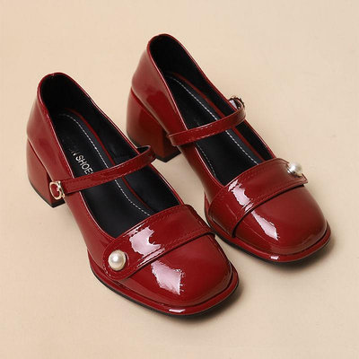 小皮鞋 厚底鞋 法式粗跟紅色瑪麗珍鞋 小衆設計感中高跟方頭單鞋 樂福鞋 粗跟 樂福鞋 鞋