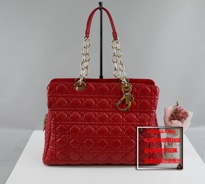 優買二手精品名牌店 Dior M0958 LADY BOOKTOTE 桃紅羊皮 金釦 黛妃 肩背包 購物包 托特包 激新