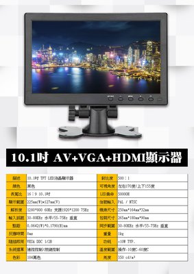 10.1 吋 1280*800 IPS PC AV VGA TFT 12V 24V 寬電壓 顯示器 小螢幕 監控螢幕