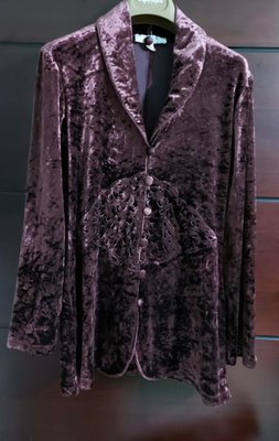 （出清）法國精品 Etincelle Couture 法國製，深紫色彈性絲絨中鏤空如意圖案外套／長版上衣，尺寸T2碼。無內裡 Moschino 竇騰璜 溫慶珠