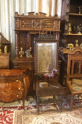 【家與收藏】特價稀有珍藏歐洲百年古董19世紀法國古典精緻珍貴手工黑壇木刻哥德式風格大掛鏡