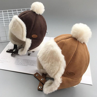 （優質）韓版新款冬季寶寶帽子秋冬加絨雷鋒帽兒童麂皮絨護耳帽潮男女童保暖帽嬰兒毛球帽