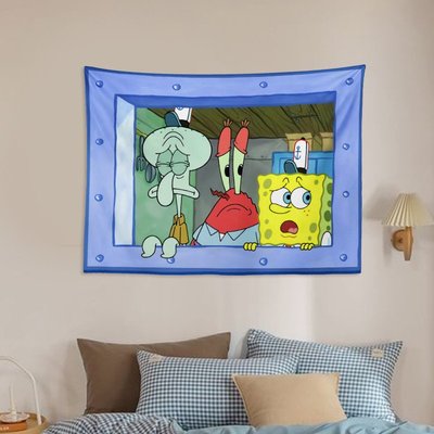 掛毯背景布海綿寶寶章魚哥窗戶貼畫掛布創意可愛卡通房間裝飾布自粘布畫掛毯