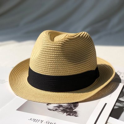 草帽 日本设计新款爵士草帽礼帽海边沙滩旅行帽遮阳防晒短沿潮男女同款~熱銷