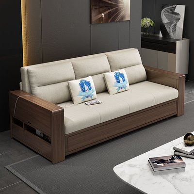北歐實木折疊沙發床雙人單人兩用小戶型坐臥床多功能客廳可儲物~特價