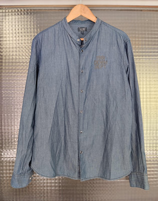 義大利品牌 Armani Jeans 藍色牛仔丹寧印字長袖休閒襯衫上衣-男