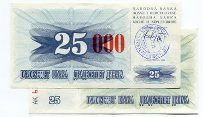 【國際】Bosnia Her.（波士尼亞紙幣），P54d，25000-D，1993.12.24品相9新，AU