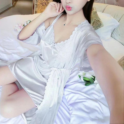 【無眠night】大尺碼冰絲綢吊帶睡裙睡袍兩件套裝性感家居服晨袍女新娘