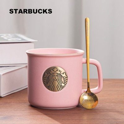星巴克杯子新款櫻花季粉色銅章馬克杯少女心琺瑯咖啡杯陶瓷杯子~特價