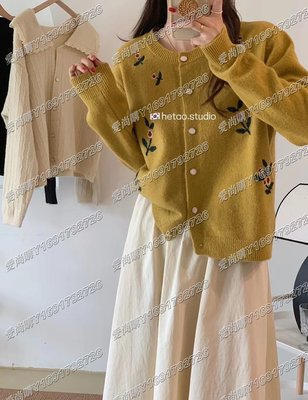 韓國東大門08172022年秋季新款韓版寬松刺繡花朵針織開衫女慵懶風圓領毛衣外套女
