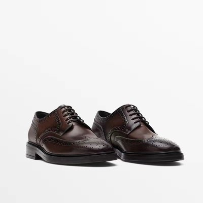 現貨熱銷-大牌潮款Massimo Dutti男鞋棕色英倫風系帶擦色皮紳士鞋正裝鞋12202050700 現貨