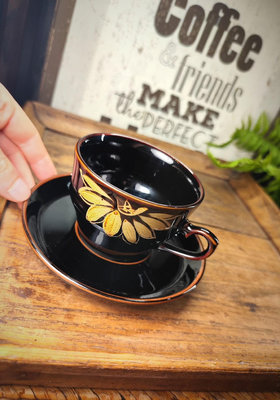 咖啡杯日本向日葵黑釉醬油邊復古咖啡杯碟午后紅茶杯盤北歐咖啡