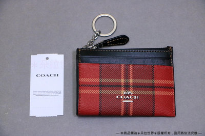 加拿大正品 COACH 蔻馳 立體LOGO 紅色格紋 防刮皮革 零錢包 鑰匙包 CC808