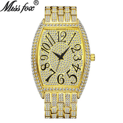 現貨男士手錶腕錶MISSFOX手錶 外貿歐美爆款時尚鑲鉆桶型滿鉆大錶盤石英男士手錶