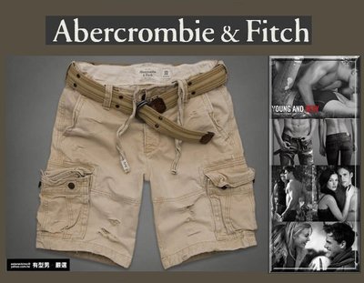 有型男~ A&F Abercrombie&Fitch 工作短褲 Cargo Shorts卡其 有腰帶 W32 W34