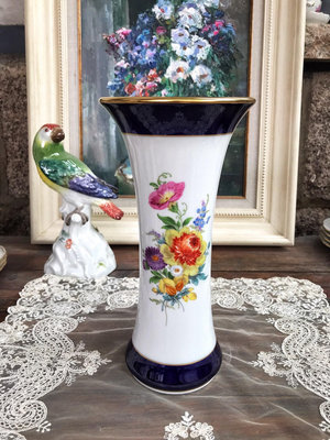 德國梅森Meissen 鈷藍多種花卉花瓶 手繪描金 一等品