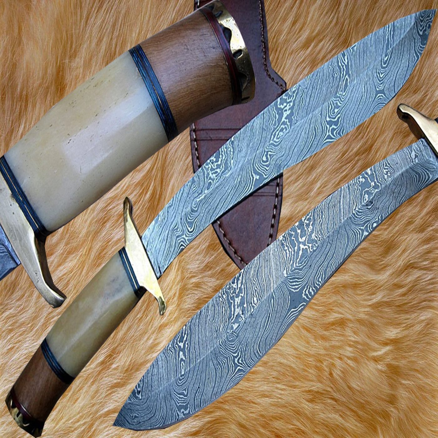 刀品世家大馬士革刀手工定制15.50英寸駱駝骨橄欖木直刀開山刀折刀