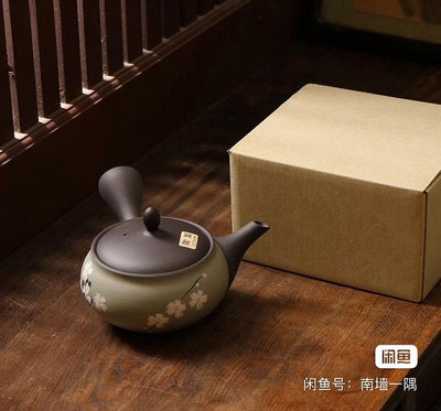#民俗手工藝品 日本常滑燒泥繪櫻花側把急須茶壺