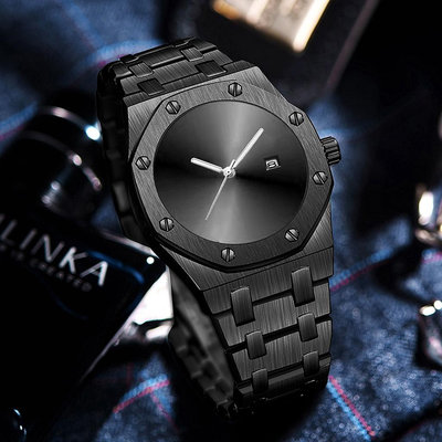 Pintime/品士男士手錶時尚個性創意潮流黑科技酷鋼帶石英表男士1453