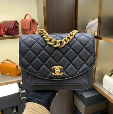 專櫃正品 香奈兒 CHANEL 郵差包 深灰色 牛皮 復古金扣（全新福利品！優惠出清換現金）