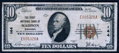 美國1929年版10美國民銀行券(麥迪遜第一國民銀行) 7成左右品相 紙幣 紀念鈔 紙鈔【悠然居】1471