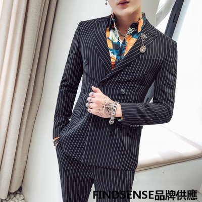 FINDSENSE品牌 四季款 新款 日本 男 高端 條紋 雙排釦 商務 時尚  西裝外套 西裝褲 兩件套 潮流西服套裝