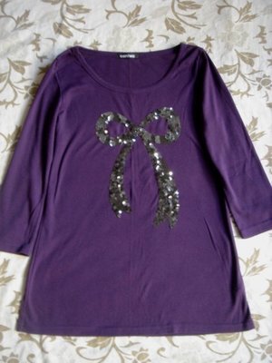 cantwo專櫃 深紫色亮片蝴蝶結圖案八分袖上衣 9號 M~L號適穿